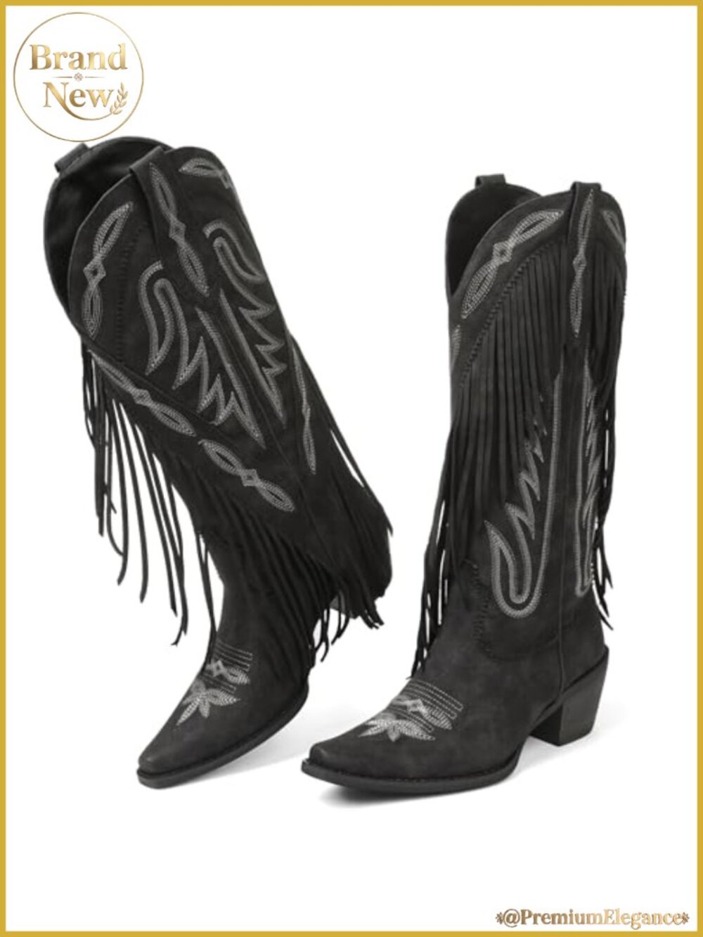 Retro Block Heel Suede Fringe Cowgirl Boots Knee High Pull On